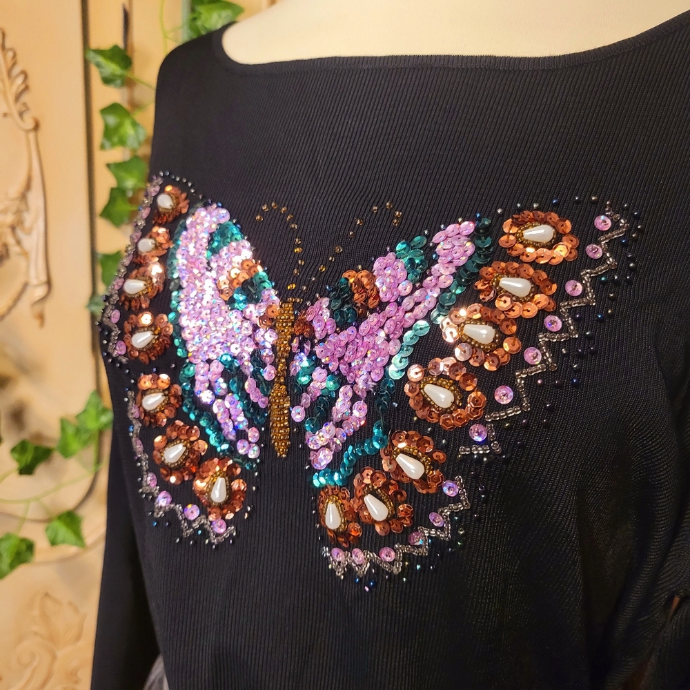 1990s Vintage Lucia Burns Beaded Sequin Butterfly Top - Picture 1 of 9